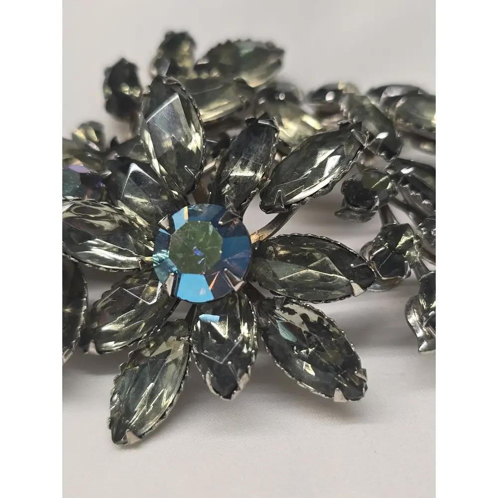 Vintage 1950s-1960s Smoky Gray AB Rhinestone Floral Spray Brooch